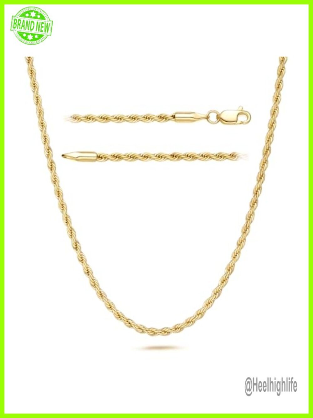 14k Gold Plated Rope Chain Necklace 2.0mm Lobster Clasp